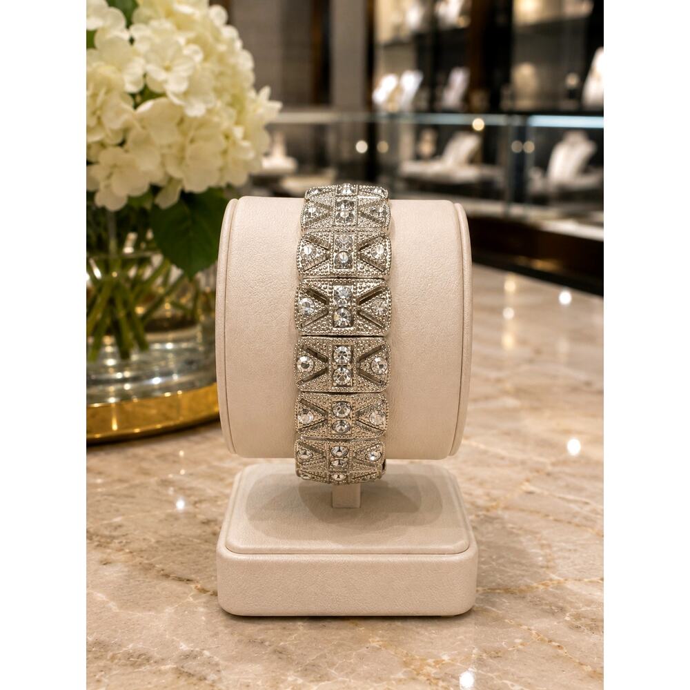 Vintage Art Deco Style Rhinestone Stretch Bracelet SilverTone Geometric Bracelet